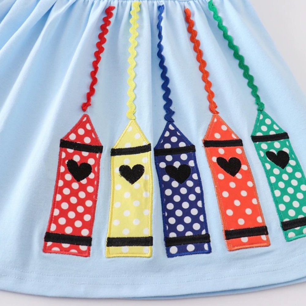 Boutique Back to School Embroidered Crayon Blue Sleeveless Dress - Picture 2 of 4